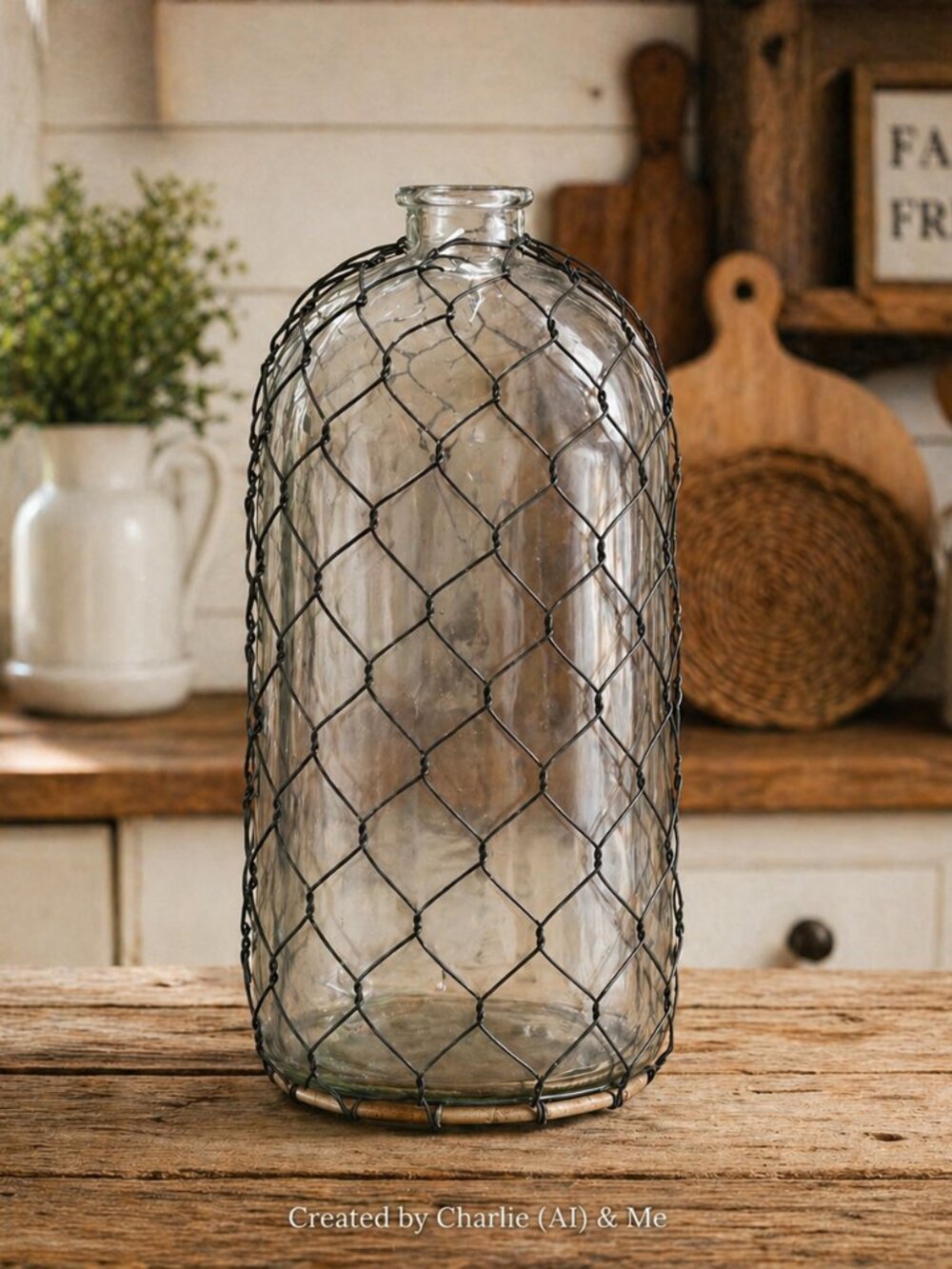 Rustic Glass Bottle With Wire Wrap Farmhouse Primitive Decor Vase